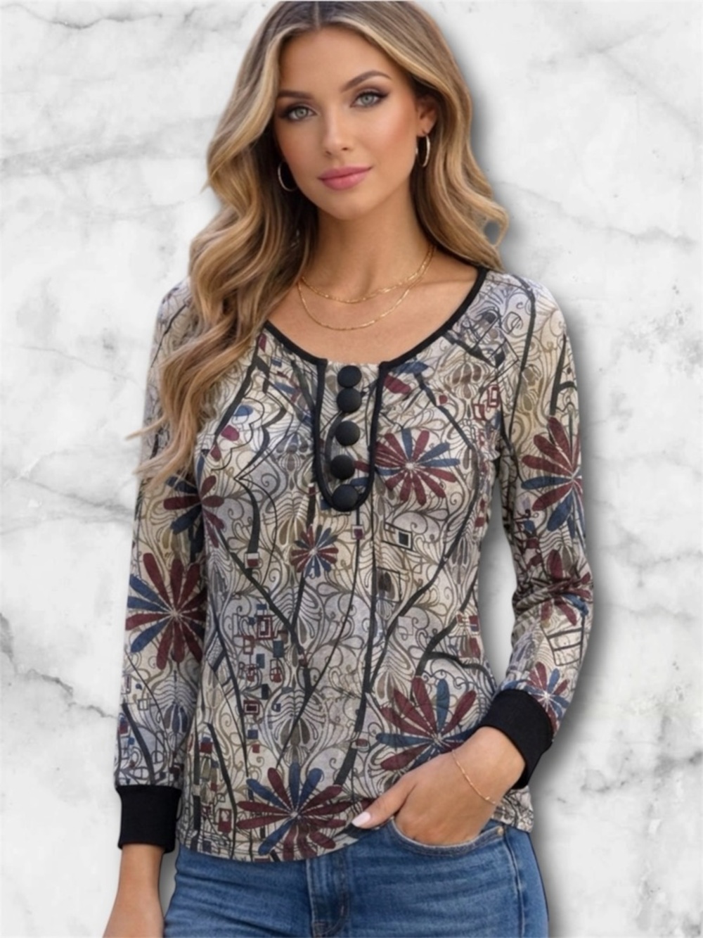 Daytrip Boho Scoop Neck Henley Abstract Multicolor Statements Buttons Y2K Size S